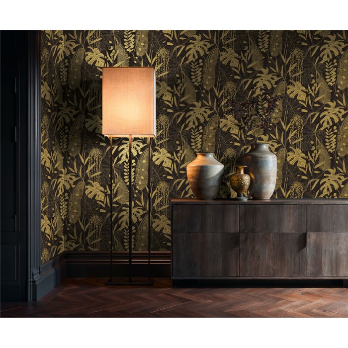 Papeldecor|Papel pintado plantas tropicales negro y dorado|Hosteleria