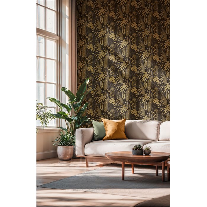 Papeldecor|Tapete mit tropischen Pflanzen schwarz und gold|Gastronomie & Hotellerie