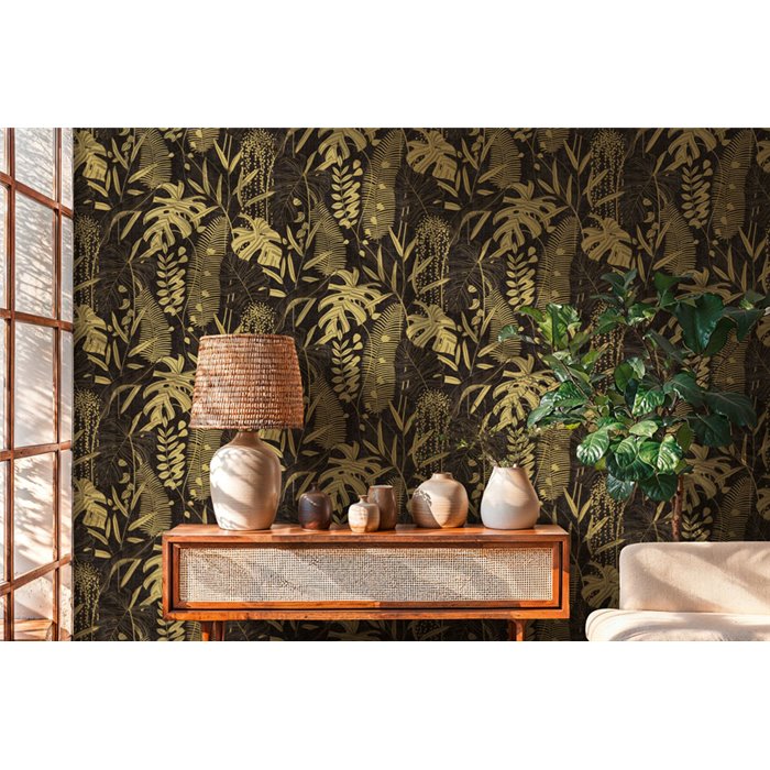 Papeldecor|Papier peint plantes tropicales noir et doré|Hôtellerie