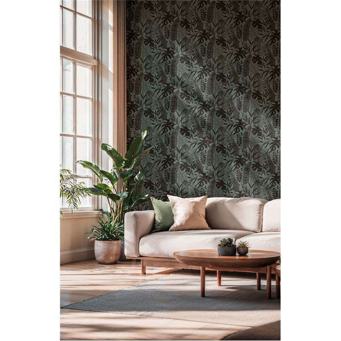 Papeldecor|Papier peint plantes tropicales vert et noir|Hôtellerie