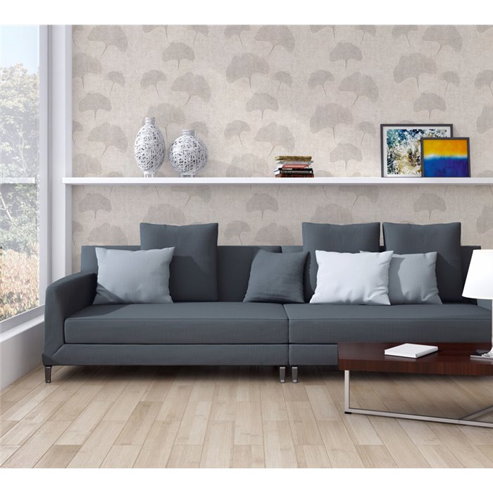 Papeldecor|Papel pintado hojas de Gingko beige gris|Salón