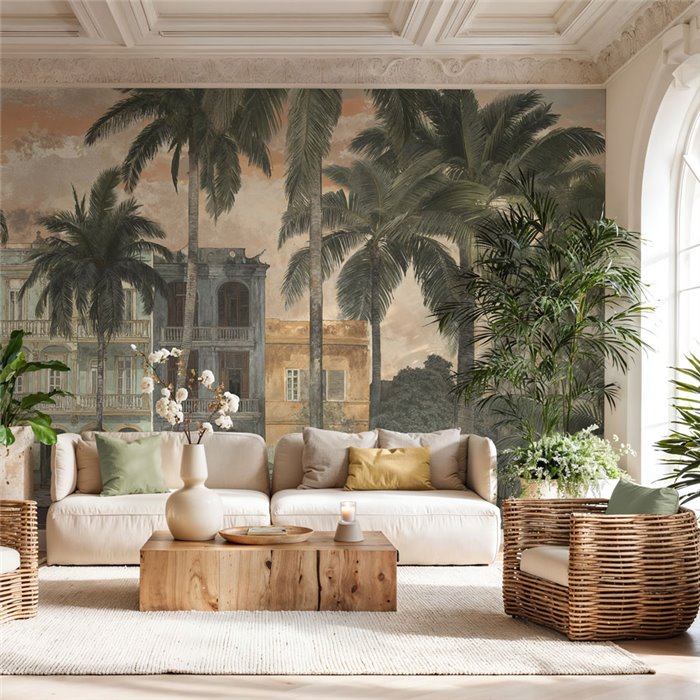 Papeldecor|Papier peint panoramique tropical avec palmiers et architecture coloniale|Papeldecor