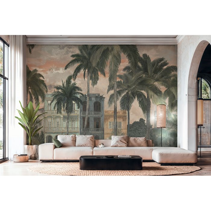 Papeldecor|Tropisches Wandbild mit Palmen und kolonialer Architektur|Papeldecor