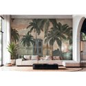 Papeldecor|Mural de pared tropical con palmeras y arquitectura colonial|Papeldecor