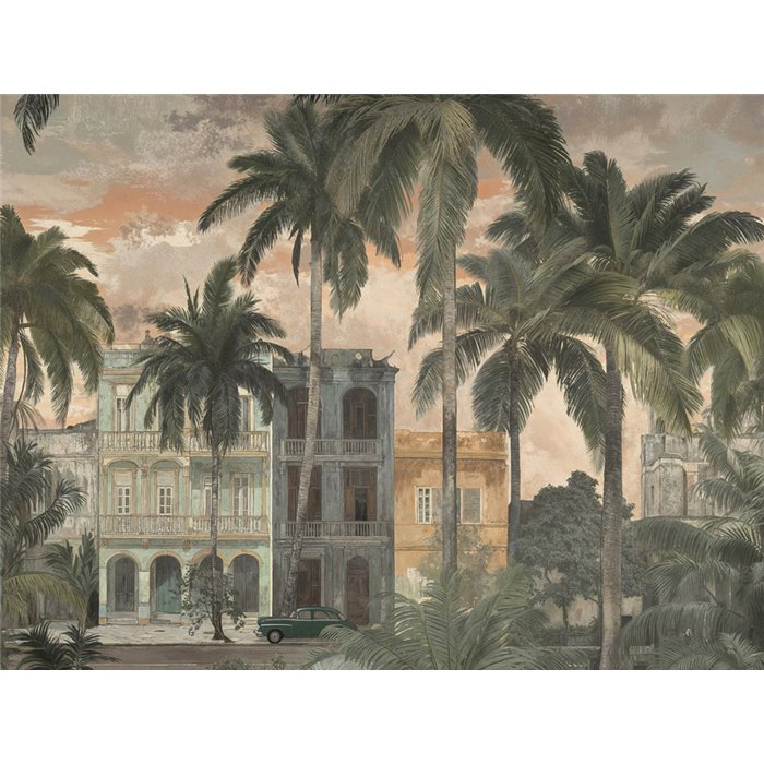 Papeldecor|Tropical wall mural with palm trees and colonial architecture|Papeldecor