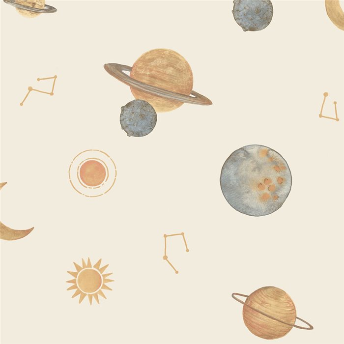 Grandeco|Children’s planet wallpaper beige|Little Dreamers