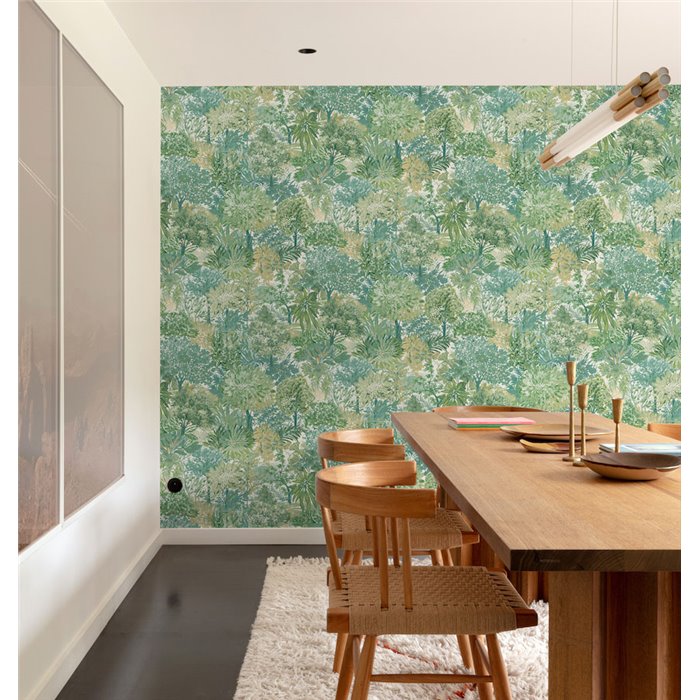 Grandeco|Papel pintado comedor floral verde|Inia