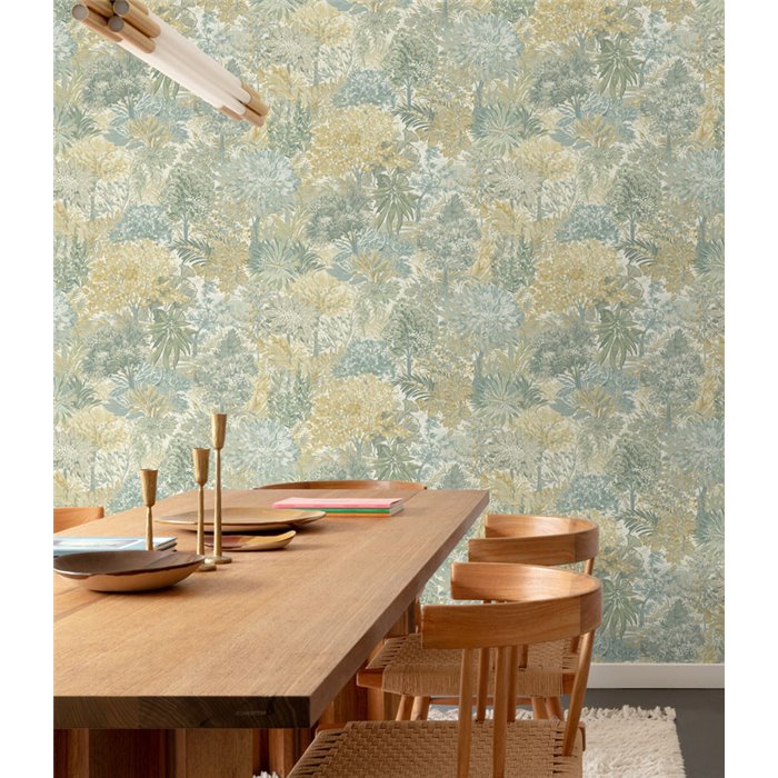 Grandeco|Blumentapete für Restaurant grün und beige Töne|Inia