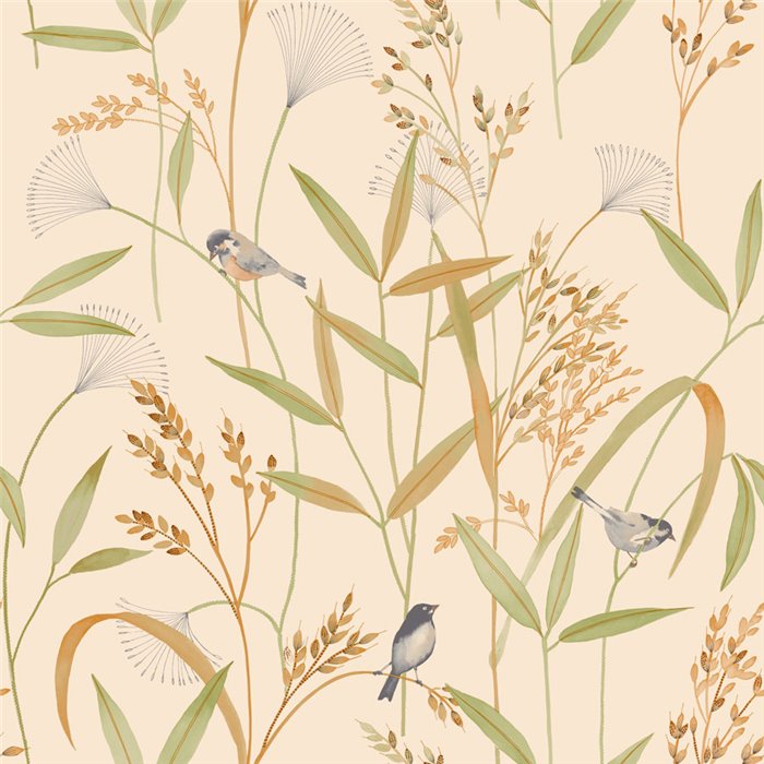 Grandeco|Papel pintado nórdico floral con pájaros|Inia