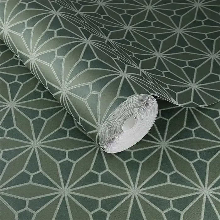 Papel pintado vidriera oriental verde geométrico - Eijffinger Gilded 340145