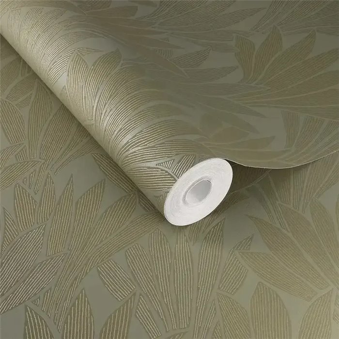 Papier peint moderne feuilles minimalistes vert olive et or - Eijffinger Gilded 340151