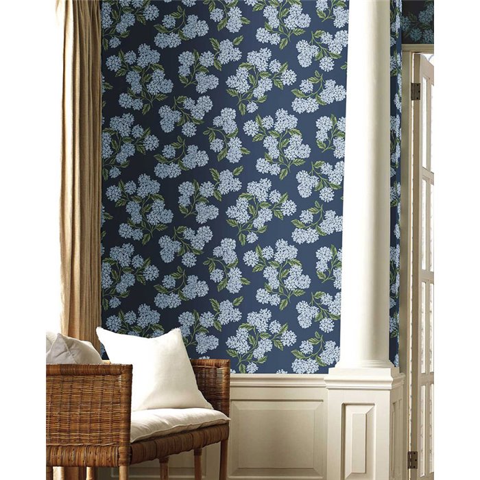 Papel pintado romántico racimos hortensias azul - Eijffinger Rifle Paper RI5142