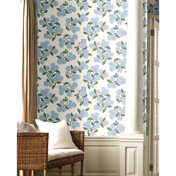 Papier peint fleurs d’hortensia bleu blanc - Eijffinger Rifle Paper RI5143