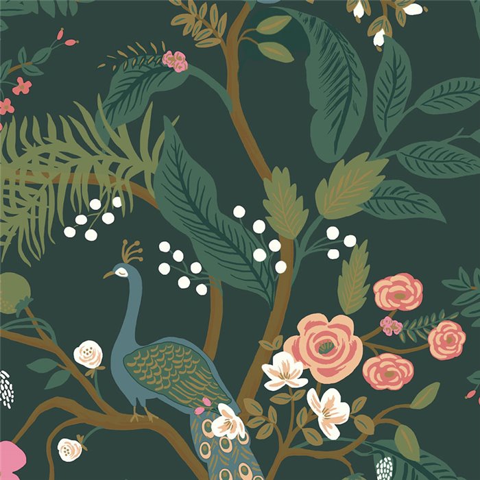 Romantic floral peacock wallpaper green - Eijffinger Rifle Paper RI5168