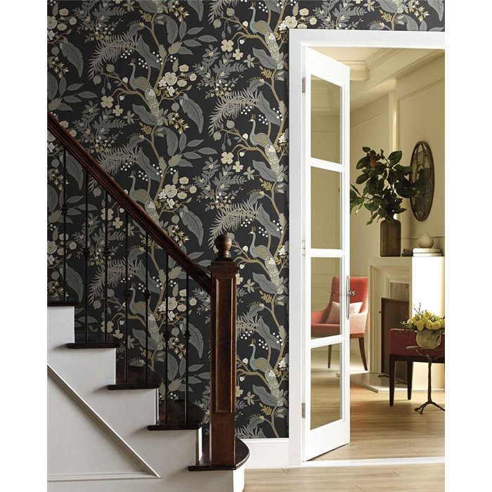 Elegant floral peacock wallpaper black - Eijffinger Rifle Paper RI5170