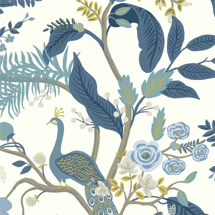 Papel pintado atemporal flores pavos reales azul blanco - Eijffinger Rifle Paper RI5173