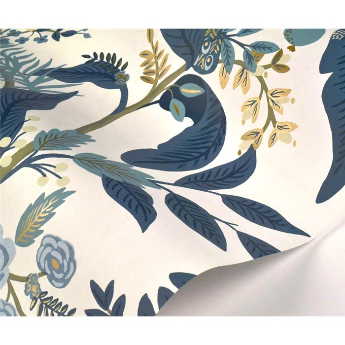 Papier peint intemporel fleurs paons bleu blanc - Eijffinger Rifle Paper RI5173