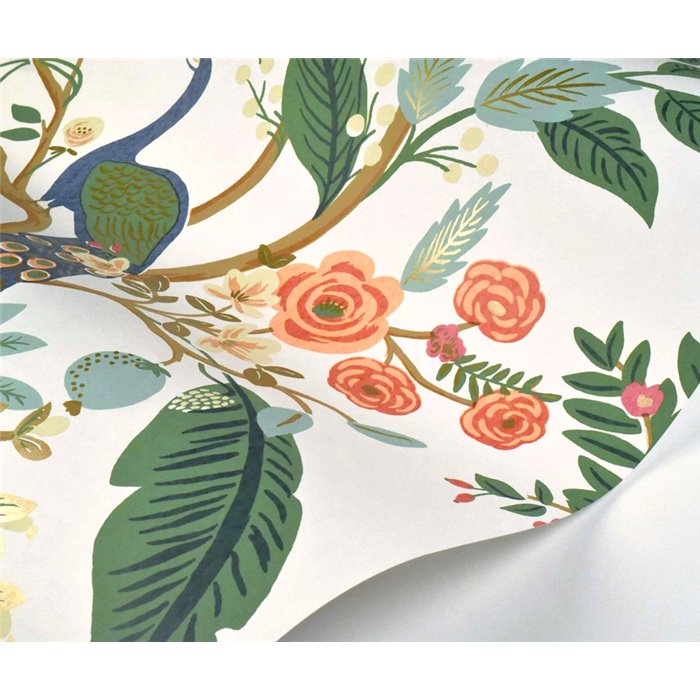 Papier peint fleurs romantiques paons vert blanc - Eijffinger Rifle Paper RI5174