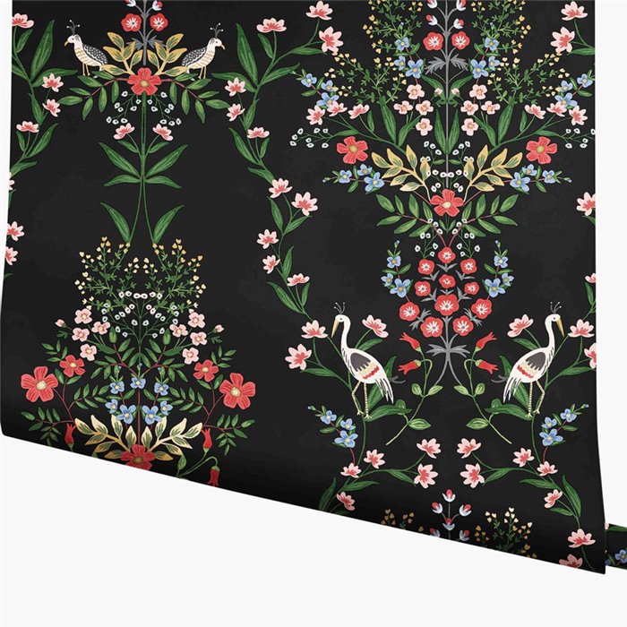 Romantische illustrierte Blumentapete mit dunklem Hintergrund - Eijffinger Rifle Paper RP7329