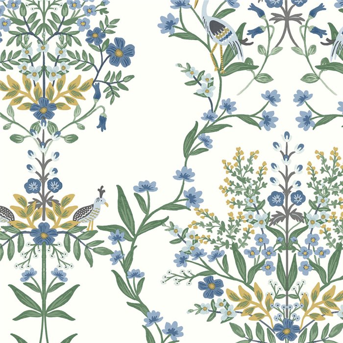 Papel pintado floral ilustrado en tonos azules - Eijffinger Rifle Paper RP7330