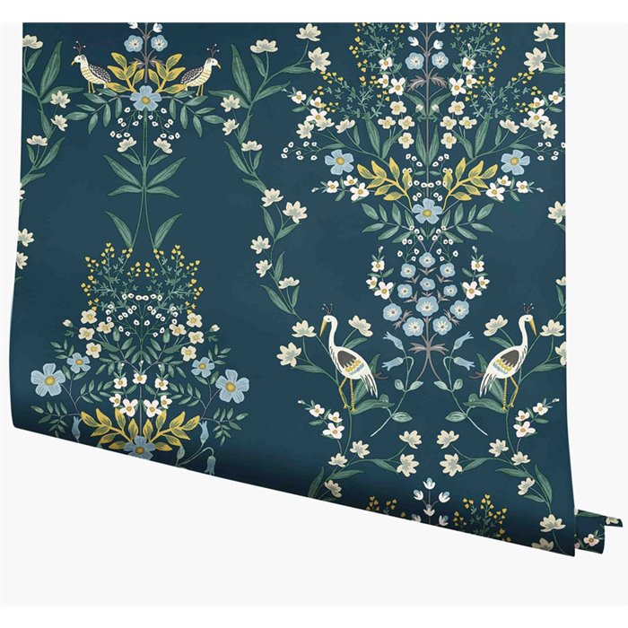 Papel pintado floral ilustrado romántico azul oscuro - Eijffinger Rifle Paper RP7331