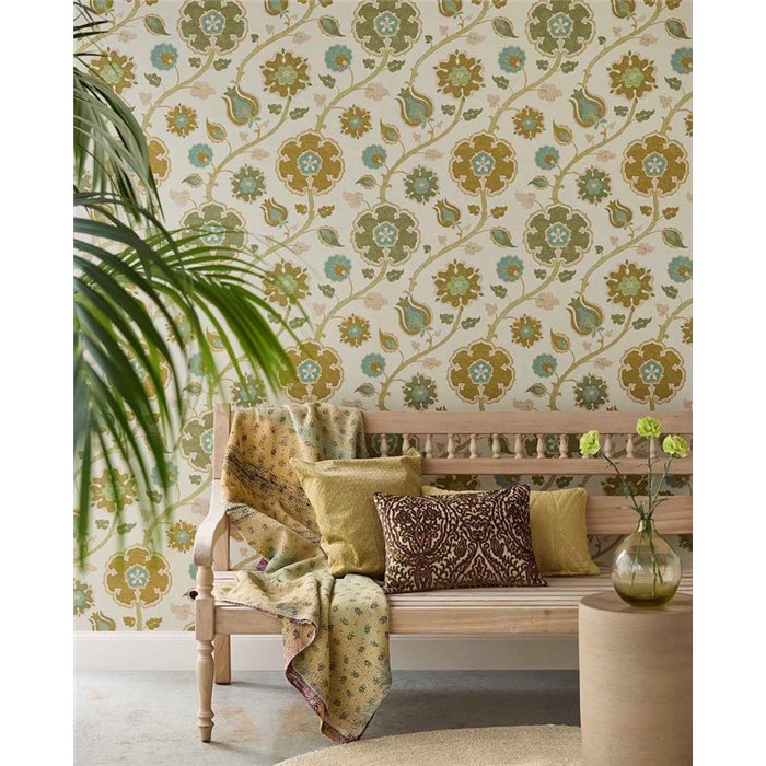 Papel pintado estilo indio de flores en tonos verdes - Eijffinger Amber 350613