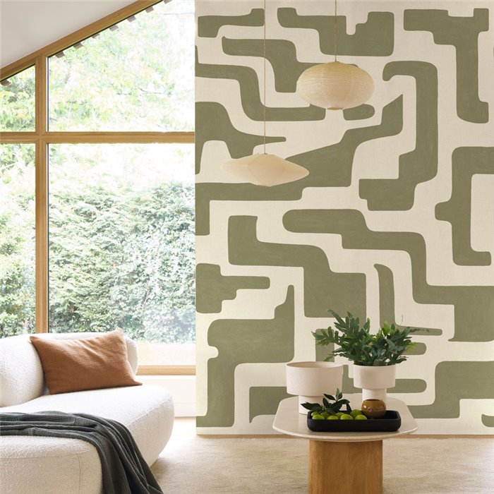 Mural de pared geométrico verde kaki inspiración maya - Casadeco Rituel 202157103