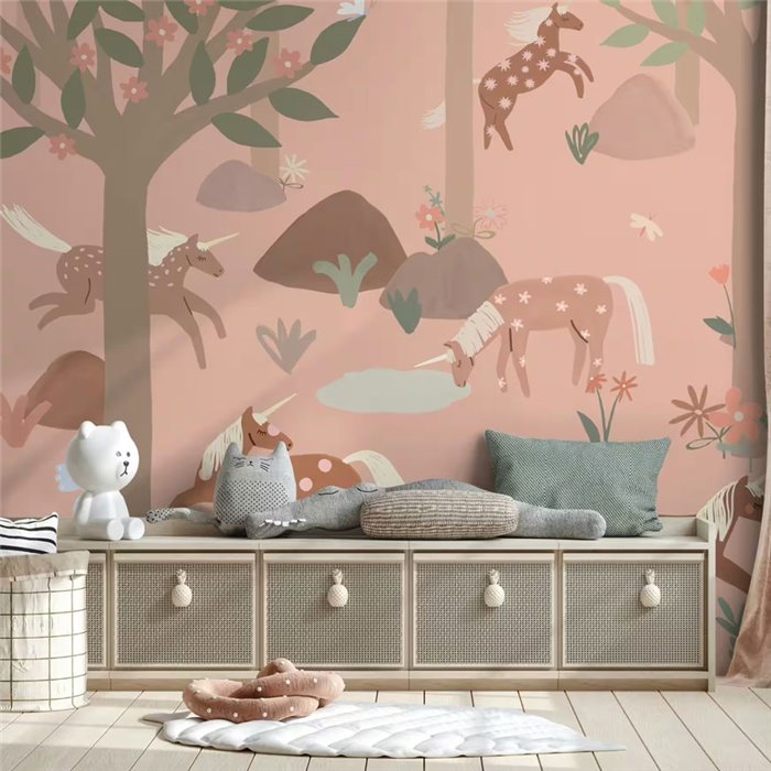 Mural pared infantil unicornios bosque rosa - Roomblush RB351
