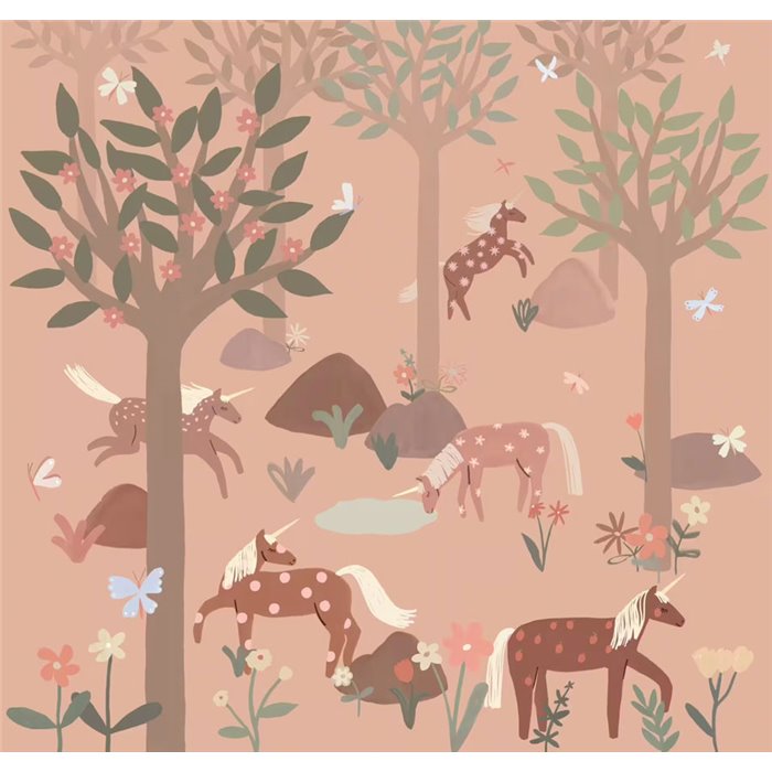 Mural pared infantil unicornios bosque rosa - Roomblush RB351