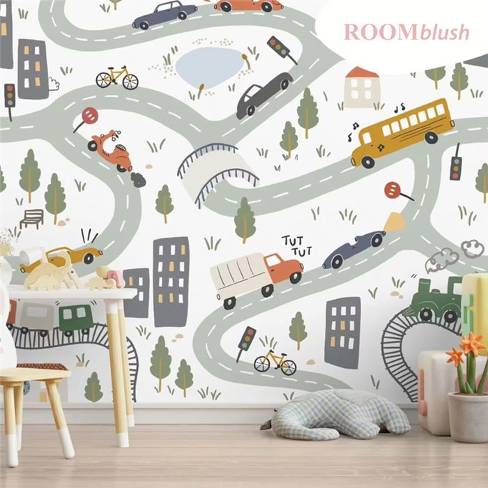 Mural pared infantil coches carreteras ciudad - Roomblush RB384