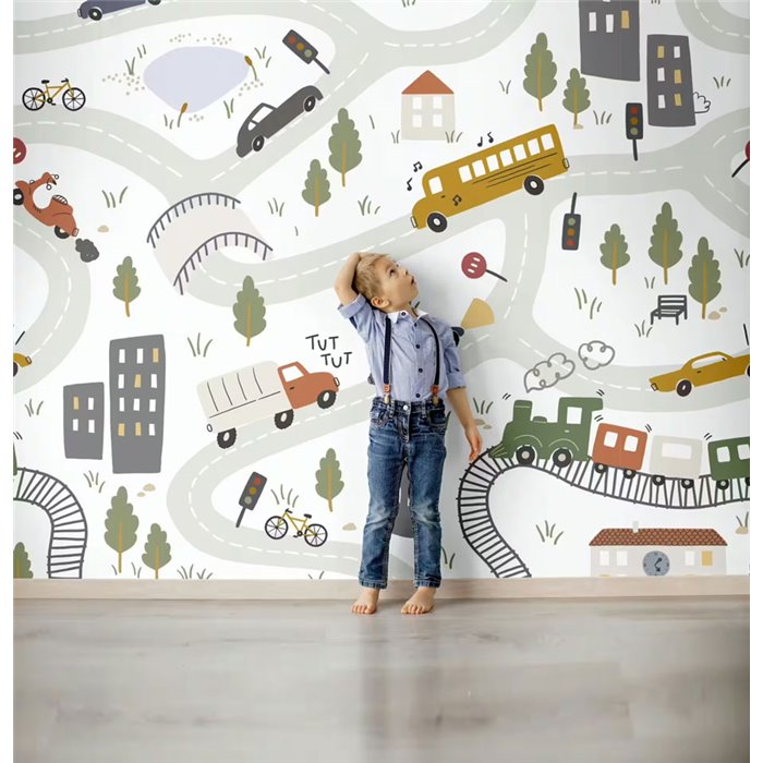 Mural pared infantil coches carreteras ciudad - Roomblush RB384