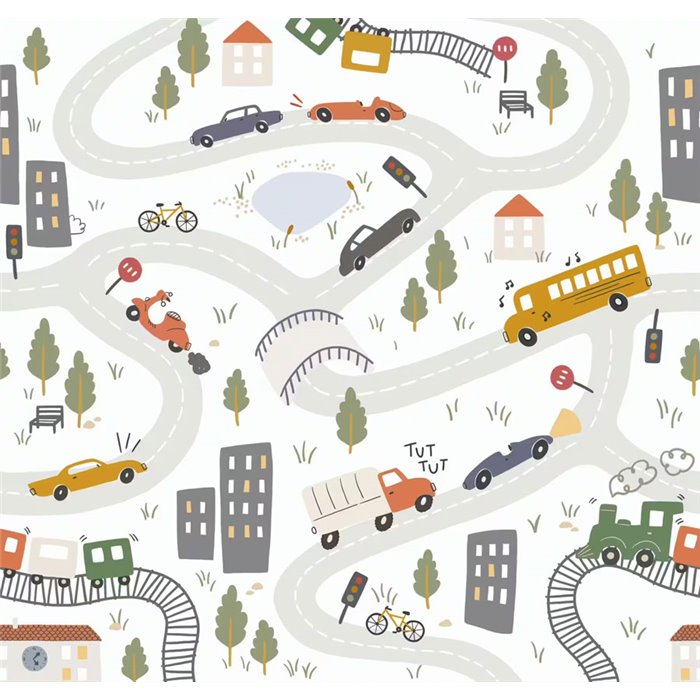 Papier peint panoramique enfant voitures routes de la ville - Roomblush RB384