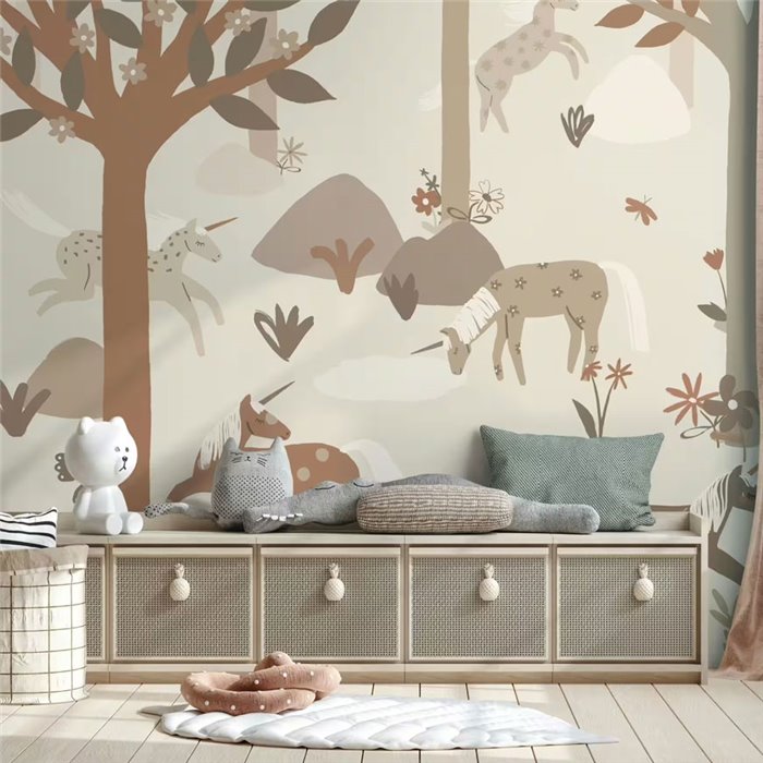 Mural pared infantil unicornios bosque beige - Roomblush RB385