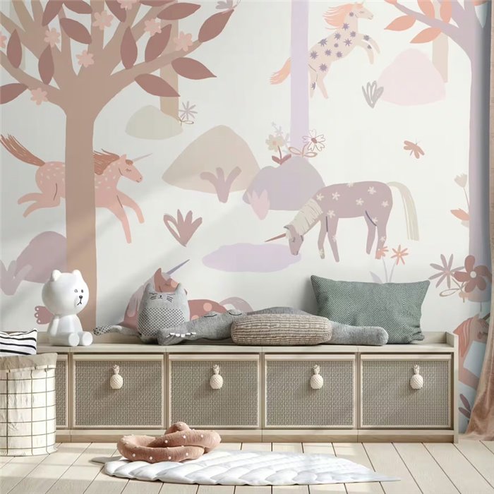 Wandbild Kinder Einhörner malvefarbener Wald - Roomblush RB386