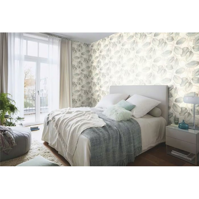 Papel pintado floral hojas grandes blanco azul efecto acuarela - Rasch Incanto 659863