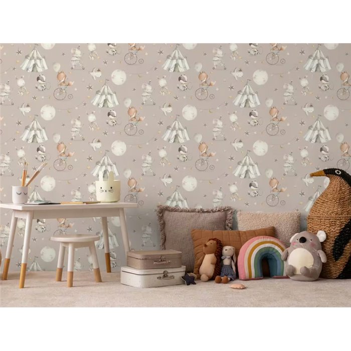 Papel pintado infantil circo gris acuarela - Rasch Kids World 301939