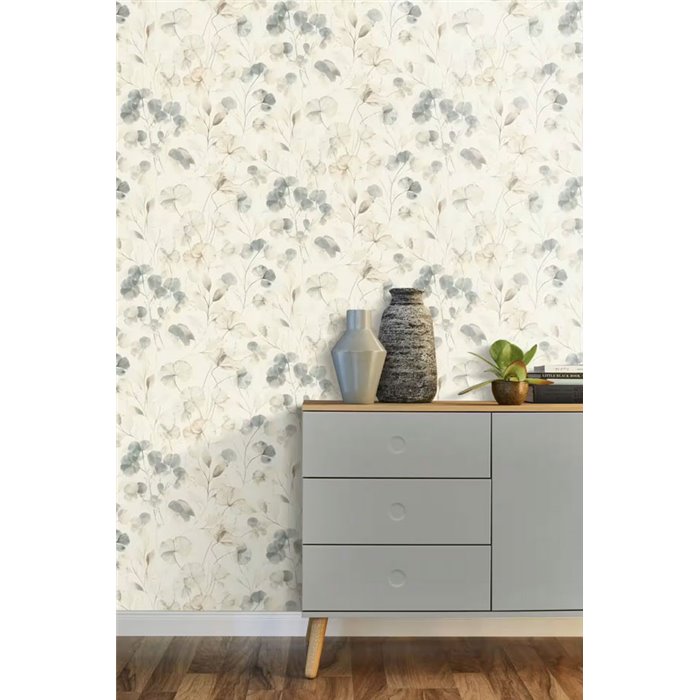 Papel pintado floral acuarela azul neutro nórdico - Rasch Farm Living 709018