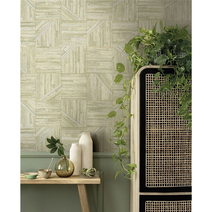 Papel pintado efecto madera mosaico verde - Eijffinger Anam 350942