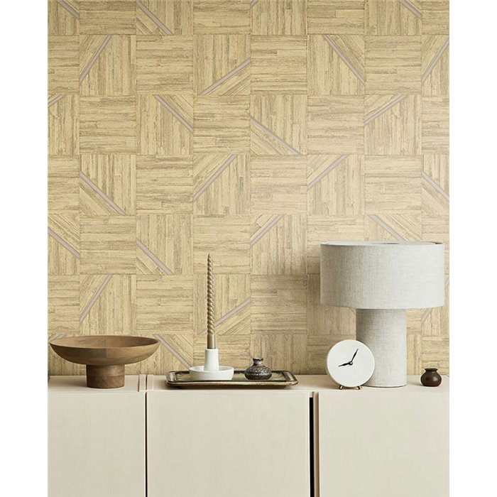 Papel pintado mosaico de madera étnico color paja - Eijffinger Anam 350944