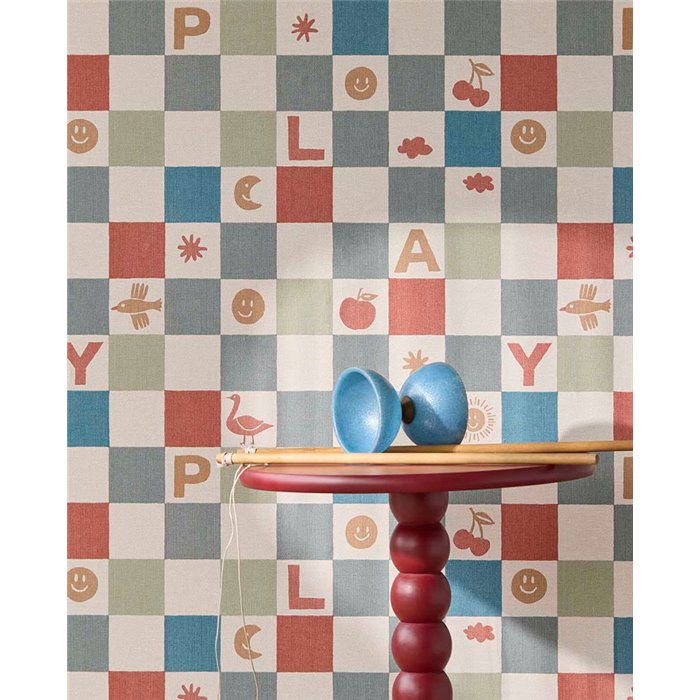 Papier peint damier rétro multicolore avec lettres · Eijffinger Tiny Treasures 363140