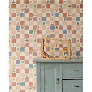 Papier peint type damier avec lettres et dessins 2