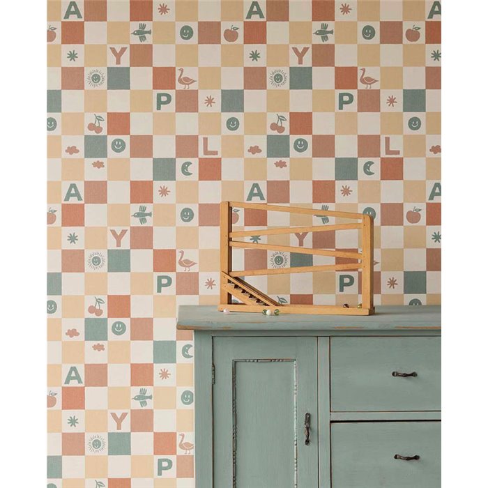 Checkerboard style wallpaper with letters and drawings · Eijffinger Tiny Treasures 363141