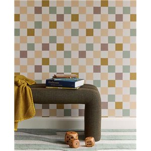 Papel pintado cuadros multicolor ocre verde y malva 2