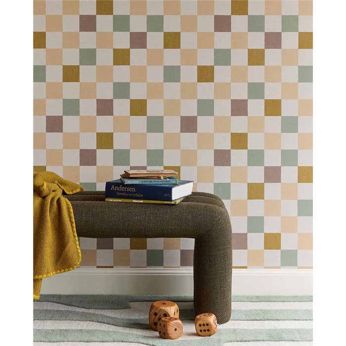 Papier peint carreaux multicolore ocre vert et mauve · Eijffinger Tiny Treasures 363147