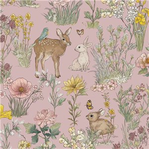 Papier peint rose, prairie et faune de la forêt