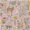 Papel pintado juvenil rosa, pradera y fauna del bosque