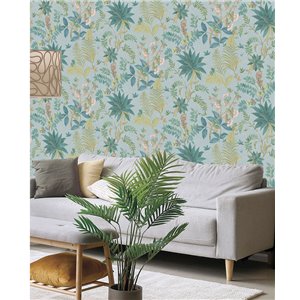 Blaue tropische Blumentapete fürs Wohnzimmer 2