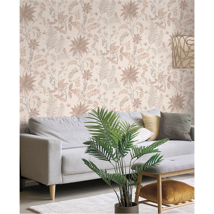 Papier peint feuillage tropical beige rose · Ich Jaipur 480-3