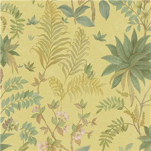 Bright yellow wallpaper with tropical flowers