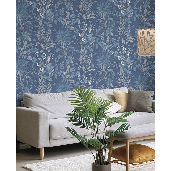 Papier peint fleurs exotiques bleu · Ich Jaipur 480-5